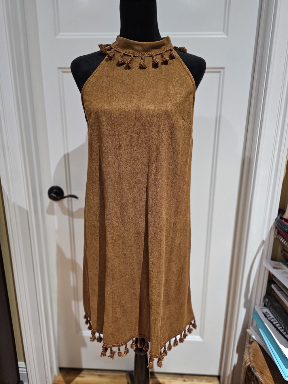 entro Tassel-Hem Sleeveless Shift Dress in Camel Brown, NWT